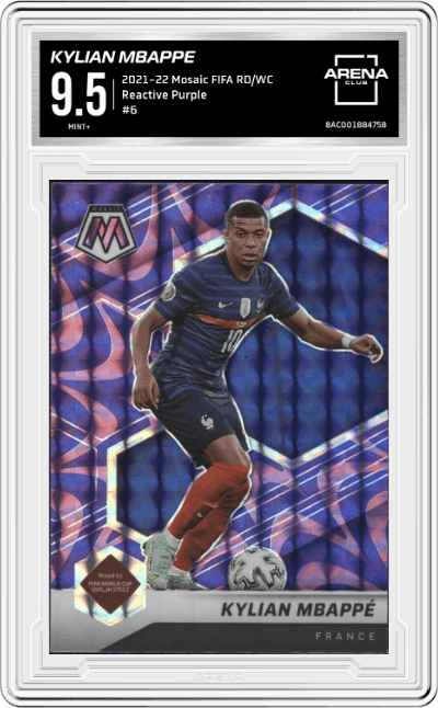 Kylian Mbappe from the 2021-22 Panini Mosaic Road to FIFA World Cup set featuring a Reactive Purple parallel graded by Arena Club and given an overall grade of 9.5.