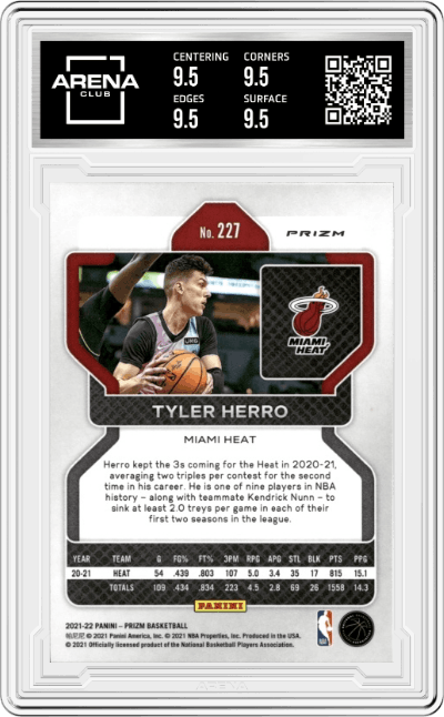 Tyler Herro from the 2021-22 Panini Prizm  set featuring a NBA 75th Prizm parallel graded by Arena Club and given an overall grade of 9.5.
