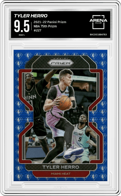 Tyler Herro from the 2021-22 Panini Prizm  set featuring a NBA 75th Prizm parallel graded by Arena Club and given an overall grade of 9.5.