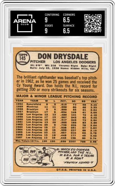 Don Drysdale from the 1968 Topps set graded by Arena Club and given an overall grade of 7.