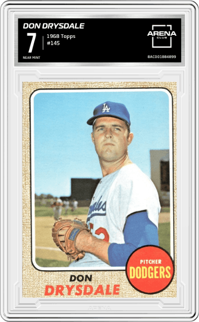Don Drysdale from the 1968 Topps set graded by Arena Club and given an overall grade of 7.
