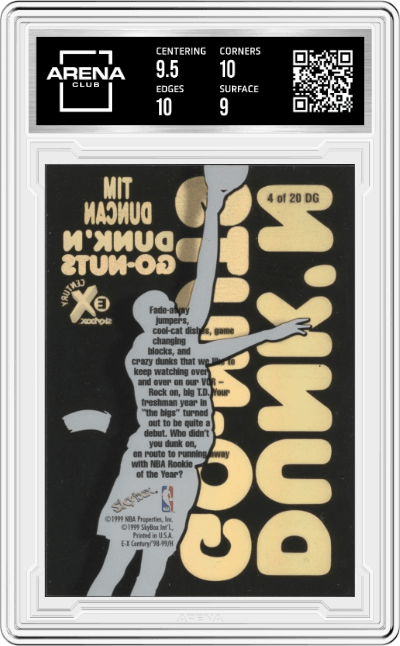 Tim Duncan from the 1998-99 Skybox E.X. Century set graded by Arena Club and given an overall grade of 9.5.