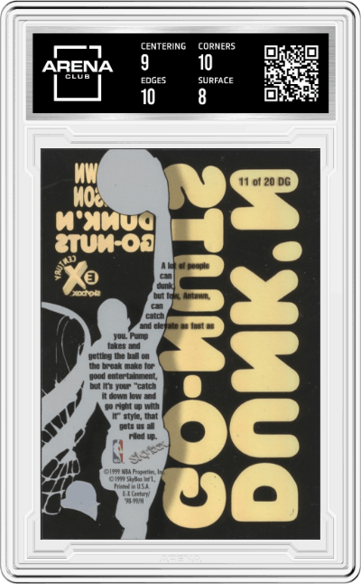 Antawn Jamison from the 1998-99 Skybox E.X. Century set graded by Arena Club and given an overall grade of 8.5.