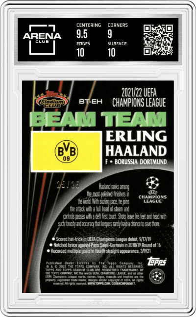 Erling Haaland from the 2022 Topps Stadium Club set featuring a Black parallel graded by Arena Club and given an overall grade of 9.5.