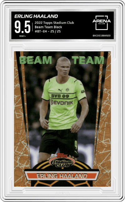 Erling Haaland from the 2022 Topps Stadium Club set featuring a Black parallel graded by Arena Club and given an overall grade of 9.5.