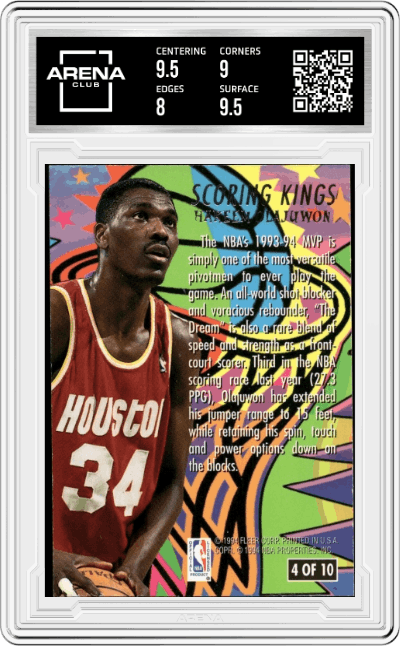 Hakeem Olajuwon from the 1994-95 Fleer Ultra set graded by Arena Club and given an overall grade of 8.5.