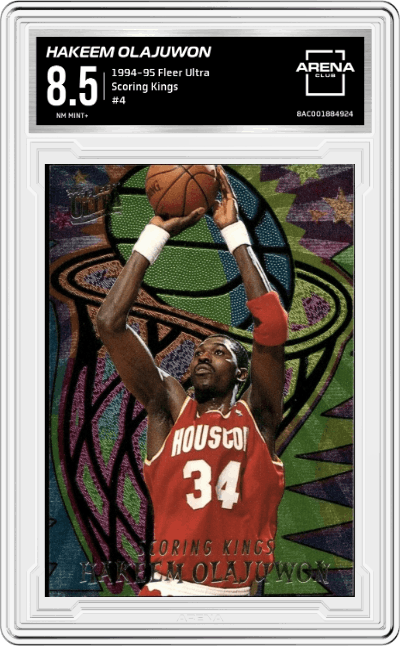 Hakeem Olajuwon from the 1994-95 Fleer Ultra set graded by Arena Club and given an overall grade of 8.5.