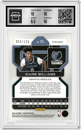 Ziaire Williams from the 2021-22 Panini Prizm  set featuring a Blue Ice parallel graded by Arena Club and given an overall grade of 10.