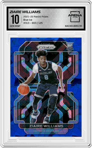 Ziaire Williams from the 2021-22 Panini Prizm  set featuring a Blue Ice parallel graded by Arena Club and given an overall grade of 10.