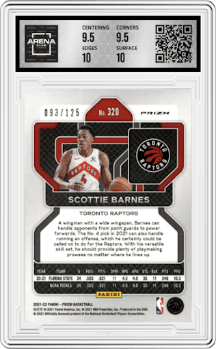 Scottie Barnes from the 2021-22 Panini Prizm  set featuring a Blue Ice Prizm parallel graded by Arena Club and given an overall grade of 10.