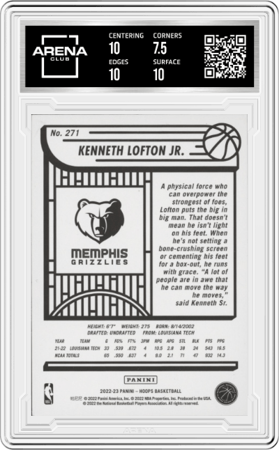 Kenneth Lofton Jr from the 2022-23 Panini NBA Hoops set featuring a Gravity parallel graded by Arena Club and given an overall grade of 8.