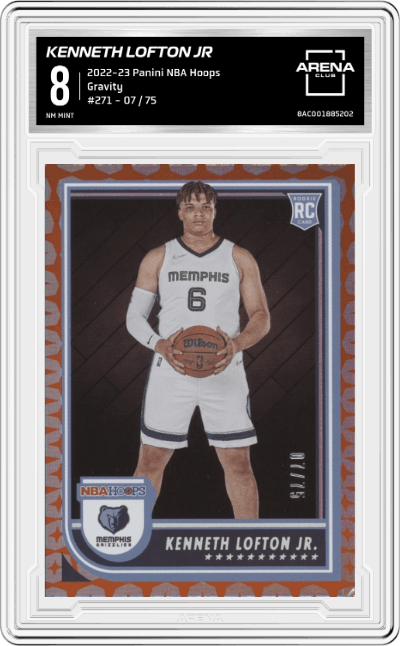 Kenneth Lofton Jr from the 2022-23 Panini NBA Hoops set featuring a Gravity parallel graded by Arena Club and given an overall grade of 8.