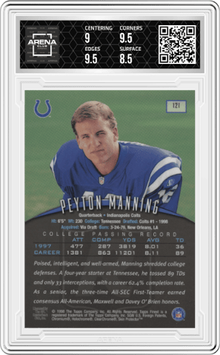 Peyton Manning from the 1998 Topps Finest set featuring a W/ Coating parallel graded by Arena Club and given an overall grade of 9.