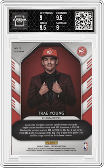 Trae Young from the 2018-19 Panini Prizm set featuring a Fast Break Prizm parallel graded by Arena Club and given an overall grade of 9.5.