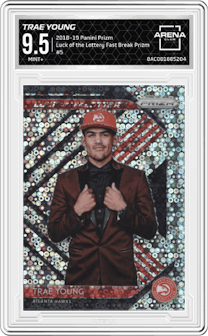 Trae Young from the 2018-19 Panini Prizm set featuring a Fast Break Prizm parallel graded by Arena Club and given an overall grade of 9.5.