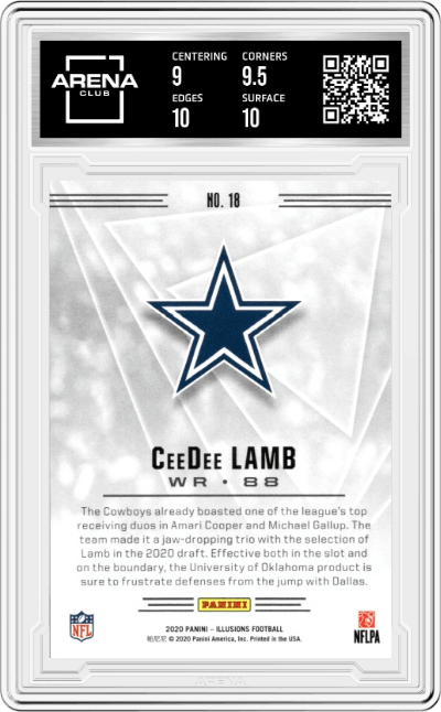 CeeDee Lamb from the 2020 Panini Illusions set featuring a Trophy Collection Pink parallel graded by Arena Club and given an overall grade of 9.5.