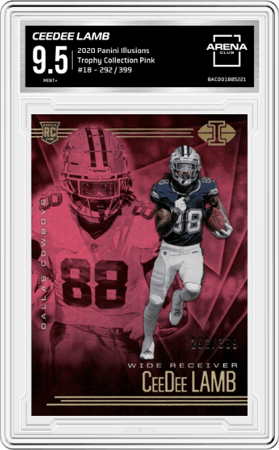 CeeDee Lamb from the 2020 Panini Illusions set featuring a Trophy Collection Pink parallel graded by Arena Club and given an overall grade of 9.5.