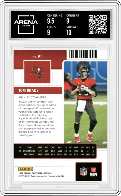 Tom Brady from the 2021 Panini Contenders   set graded by Arena Club and given an overall grade of 9.5.