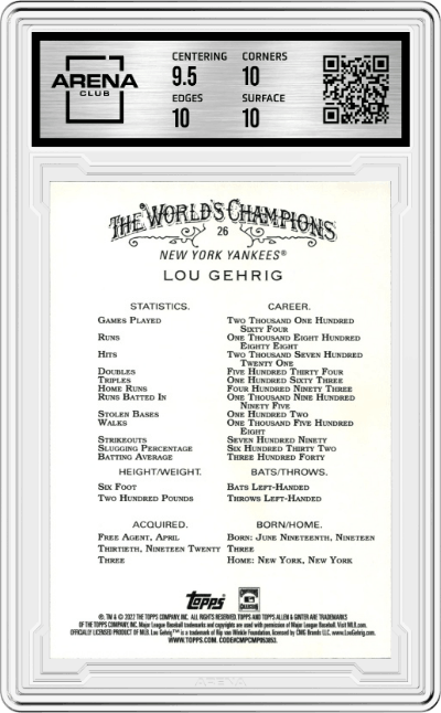 Lou Gehrig  from the 2022 Topps Allen & Ginter set graded by Arena Club and given an overall grade of 10.