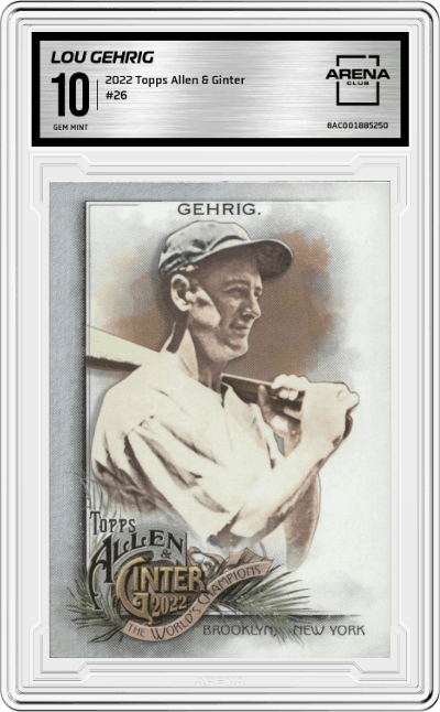 Lou Gehrig  from the 2022 Topps Allen & Ginter set graded by Arena Club and given an overall grade of 10.