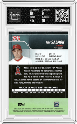 Tim Salmon from the 2022 Topps Stadium Club set graded by Arena Club and given an overall grade of 9.5.