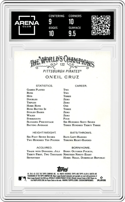 Oneil Cruz from the 2022 Topps Allen & Ginter set graded by Arena Club and given an overall grade of 9.5.