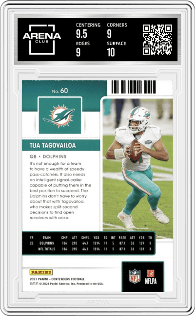Tua Tagovailoa from the 2021 Panini Contenders   set graded by Arena Club and given an overall grade of 9.5.