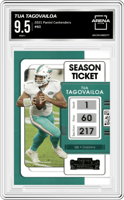 Tua Tagovailoa from the 2021 Panini Contenders   set graded by Arena Club and given an overall grade of 9.5.