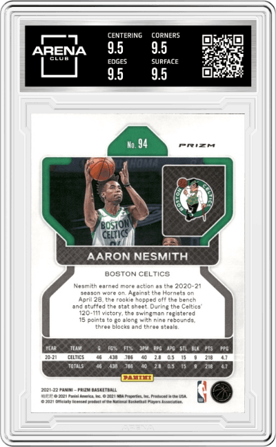 Aaron Nesmith from the 2021-22 Panini Prizm  set featuring a Green Prizm parallel graded by Arena Club and given an overall grade of 9.5.