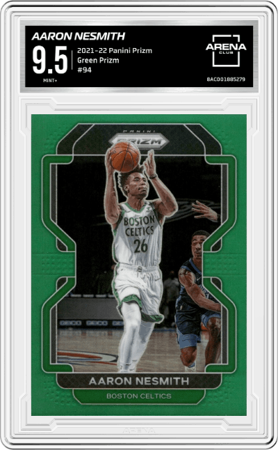 Aaron Nesmith from the 2021-22 Panini Prizm  set featuring a Green Prizm parallel graded by Arena Club and given an overall grade of 9.5.