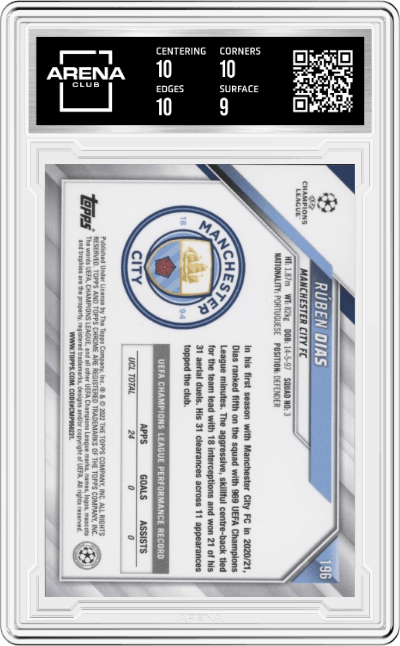 Rúben Dias from the 2021-22 Topps Chrome UEFA Champions League set graded by Arena Club and given an overall grade of 9.5.