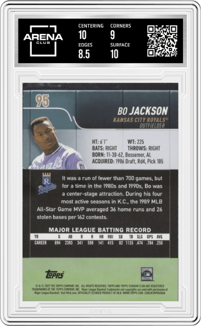 Bo Jackson  from the 2022 Topps Stadium Club set graded by Arena Club and given an overall grade of 9.
