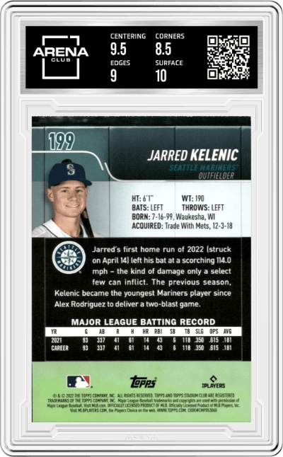 Jarred Kelenic from the 2022 Topps Stadium Club set featuring a Black Foil parallel graded by Arena Club and given an overall grade of 9.