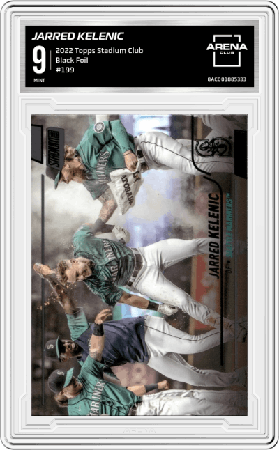 Jarred Kelenic from the 2022 Topps Stadium Club set featuring a Black Foil parallel graded by Arena Club and given an overall grade of 9.