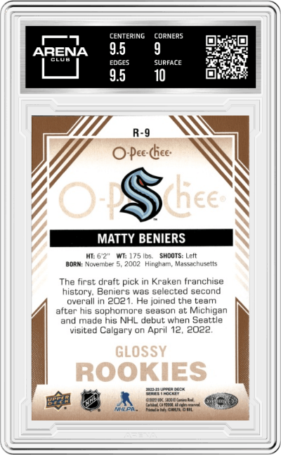 Matty Beniers from the 2022-23 Upper Deck  set featuring a Bronze parallel graded by Arena Club and given an overall grade of 9.5.