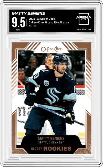Matty Beniers from the 2022-23 Upper Deck  set featuring a Bronze parallel graded by Arena Club and given an overall grade of 9.5.