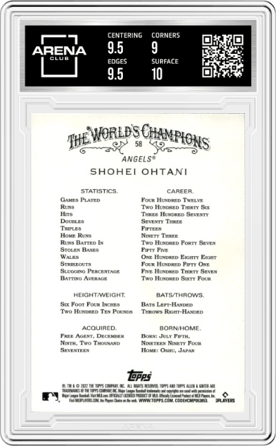 Shohei Ohtani from the 2022 Topps Allen & Ginter set graded by Arena Club and given an overall grade of 9.5.