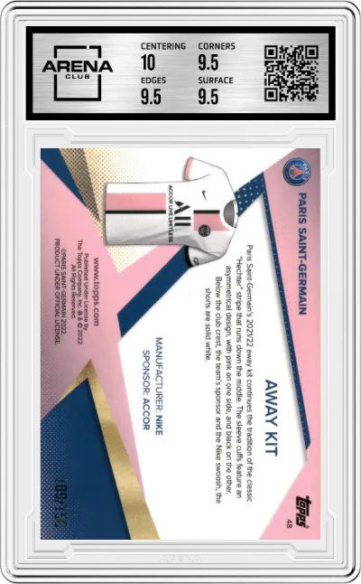 Danilo Pereira/Juan Bernat/Marco Verratti from the 2021-22 Topps Paris Saint-Germain set featuring a Pink Foil parallel graded by Arena Club and given an overall grade of 10.