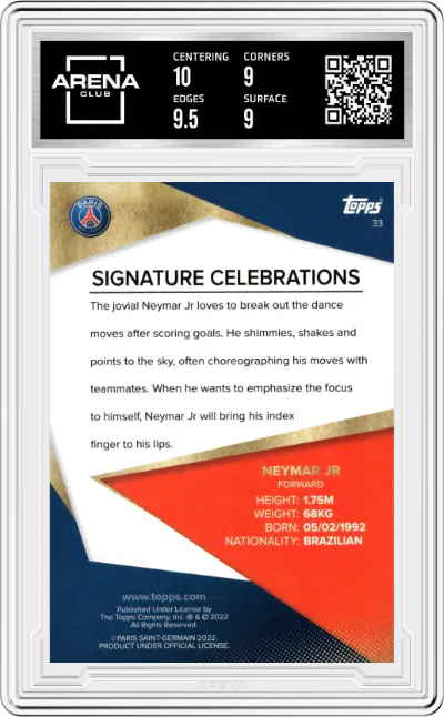 Neymar Jr. from the 2021-22 Topps Paris Saint-Germain set graded by Arena Club and given an overall grade of 9.5.