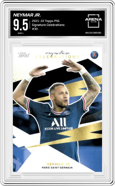 Neymar Jr. from the 2021-22 Topps Paris Saint-Germain set graded by Arena Club and given an overall grade of 9.5.