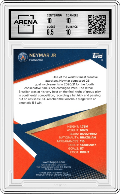 Neymar Jr from the 2021-22 Topps Paris Saint-Germain set graded by Arena Club and given an overall grade of 10.