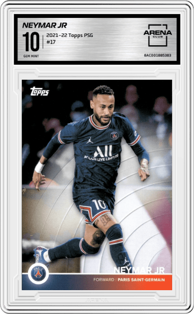 Neymar Jr from the 2021-22 Topps Paris Saint-Germain set graded by Arena Club and given an overall grade of 10.