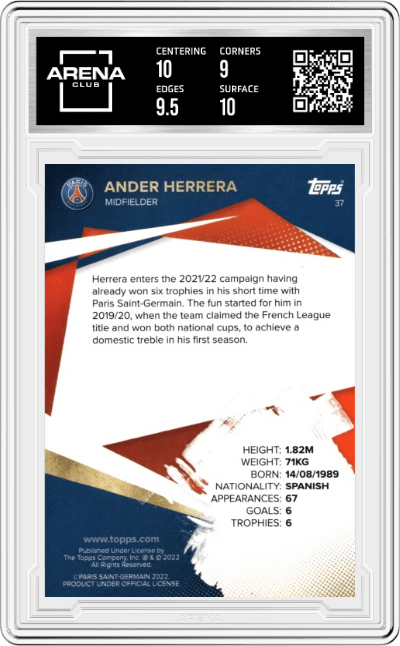Ander Herrera from the 2021-22 Topps Paris Saint-Germain set graded by Arena Club and given an overall grade of 9.5.