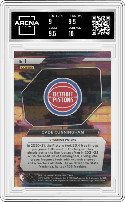 Cade Cunningham  from the 2021-22 Panini Prizm  set graded by Arena Club and given an overall grade of 9.5.