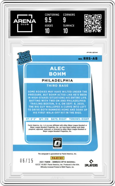 Alec Bohm from the 2021 Panini Donruss Optic set featuring a Red parallel graded by Arena Club and given an overall grade of 9.5.