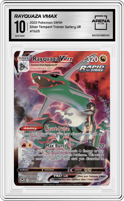 Rayquaza VMAX from the 2022 Pokemon SWSH set graded by Arena Club and given an overall grade of 10.