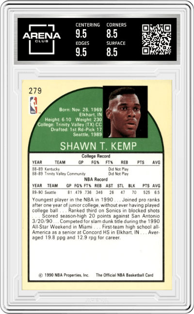 Shawn Kemp from the 1990-91 NBA Hoops set graded by Arena Club and given an overall grade of 9.