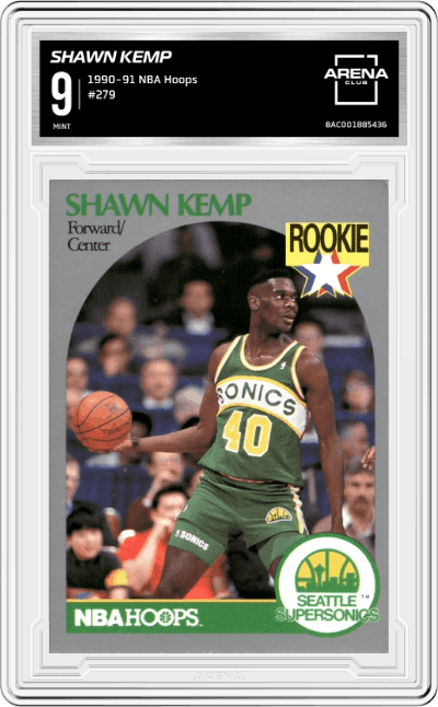 Shawn Kemp from the 1990-91 NBA Hoops set graded by Arena Club and given an overall grade of 9.