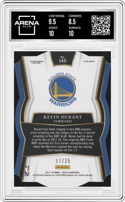 Kevin Durant from the 2017-18 Panini Select set featuring a Die-Cut Tie-Dye Prizm parallel graded by Arena Club and given an overall grade of 9.