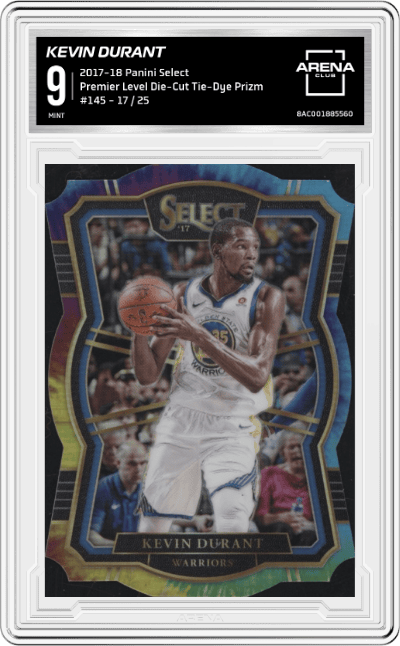 Kevin Durant from the 2017-18 Panini Select set featuring a Die-Cut Tie-Dye Prizm parallel graded by Arena Club and given an overall grade of 9.